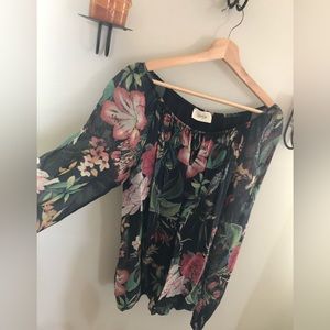 Cartoon off shoulder tropical flowers blouse size M